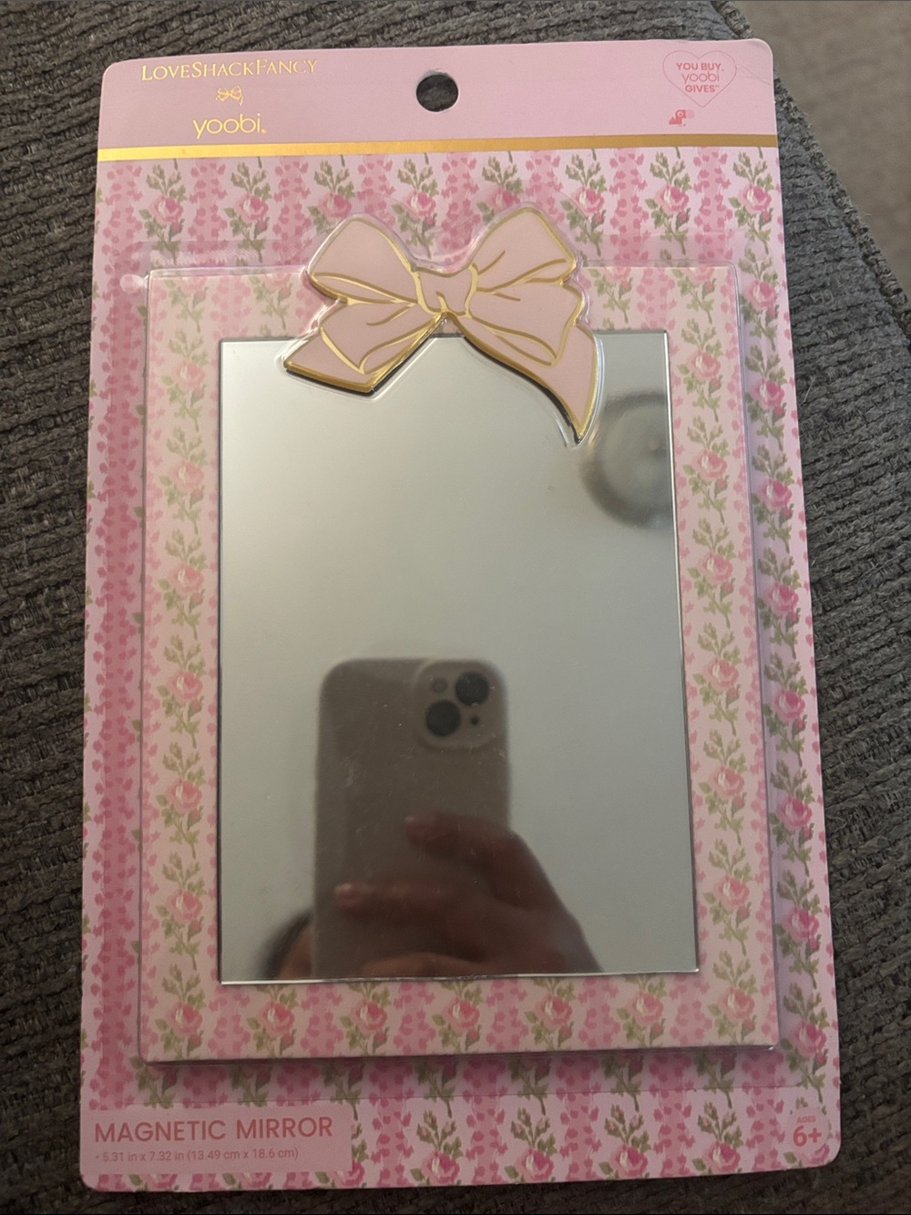 Love Shack Fancy x Yoobi Pink Bow Magnetic Mirror with Gold Trim